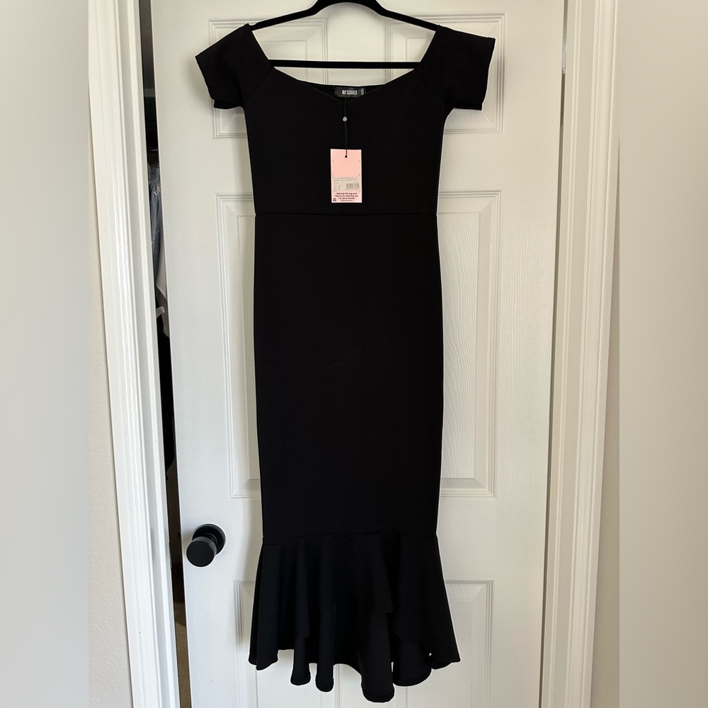 NWT - Miss Guided Black Bardot Fishtail bodycon midi dress size 6